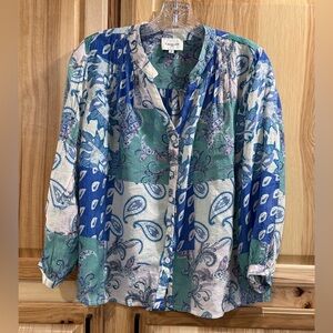 Choklate Paris Blue, Green Viscose Silk Paisley Patchwork Button Down Shirt Sz M